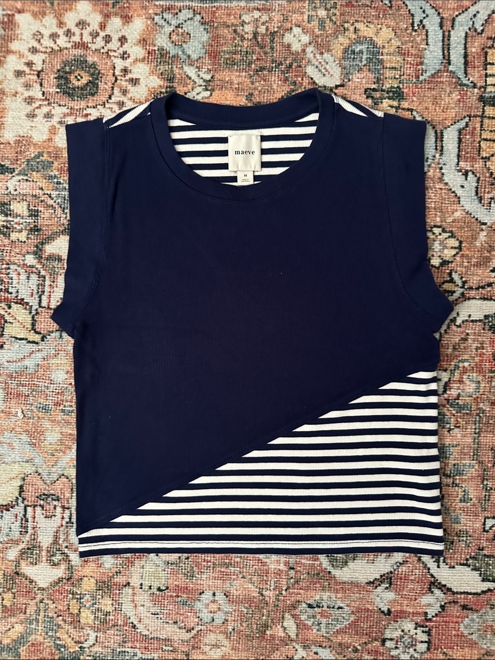 Maeve Navy and White Diagonal Striped Sleeveless Top Size Medium